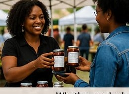 Vendor sharing jars with a customer at Esthers Friday Market