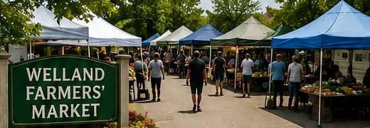 Welland Farmers' Market venue — tents, vendors, and shoppers